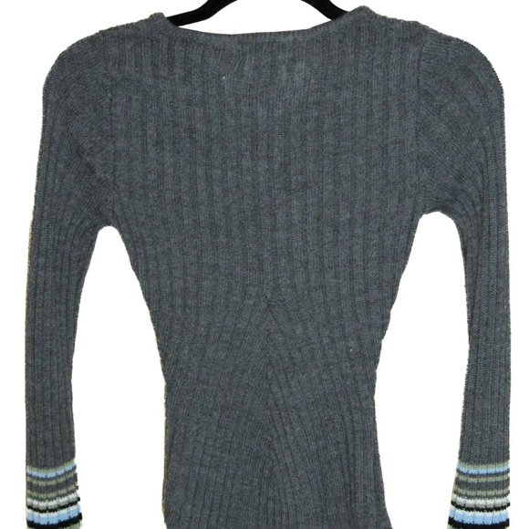 Copper Key Grey Sweater with striped cuffs Small Unique Sleeves form-fitting - Picture 6 of 11